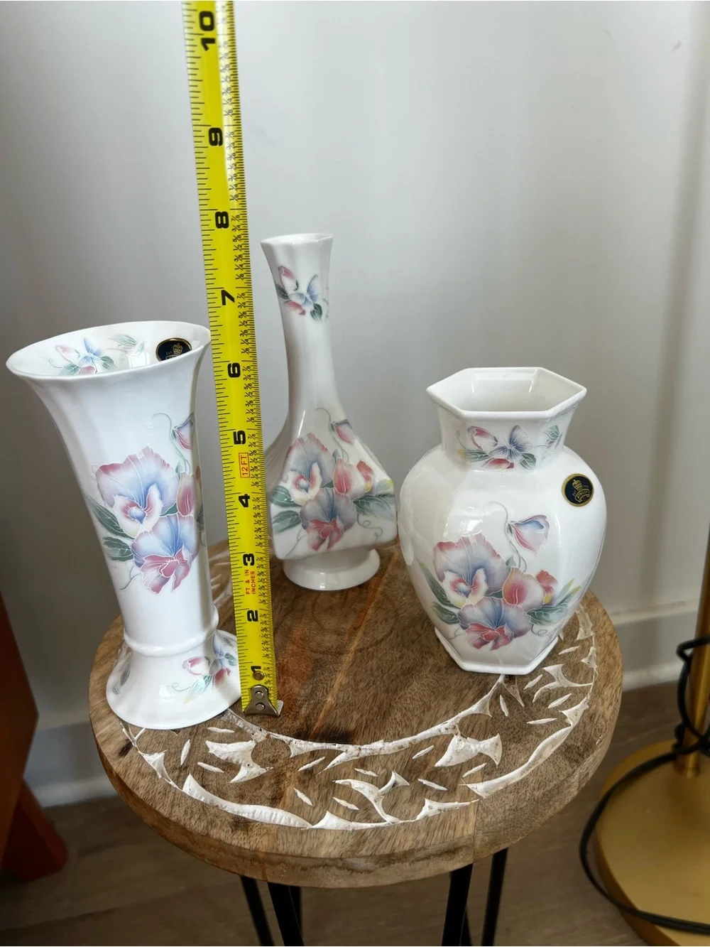 Lot of 3 Aynsley Floral Porcelain Accent Vase - White with Pink & Blue Flowers